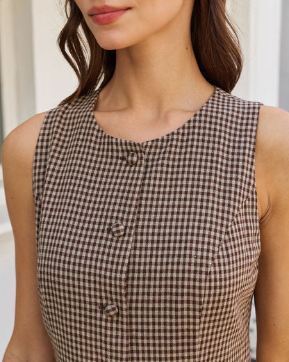 Vestido Mini Sin Mangas A-Line de Gingham Marrón