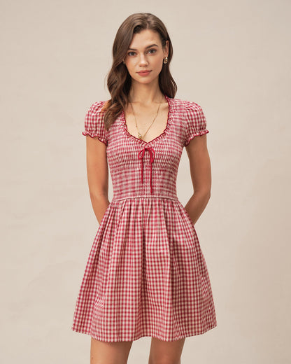 Vestido Mini Cuadros Rojo con Escote en V