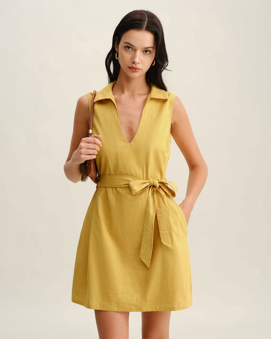 Vestido Mini Sin Mangas Amarillo con Cintura