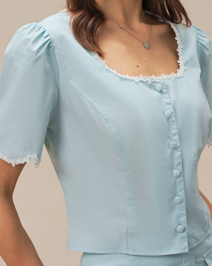 Camisa de Cuello Cuadrado con Botones de Encaje Azul Claro