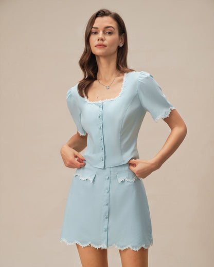 Camisa de Cuello Cuadrado con Botones de Encaje Azul Claro