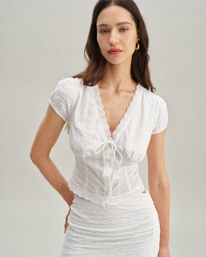 Blusa de Manga Corta Texturizada Blanca