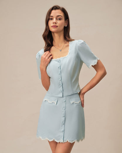Camisa de Cuello Cuadrado con Botones de Encaje Azul Claro