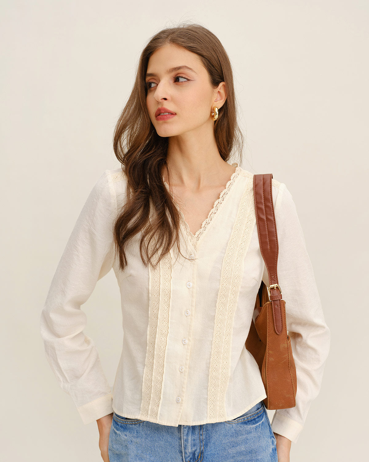 Camisa de Encaje con Cuello en V Color Albaricoque