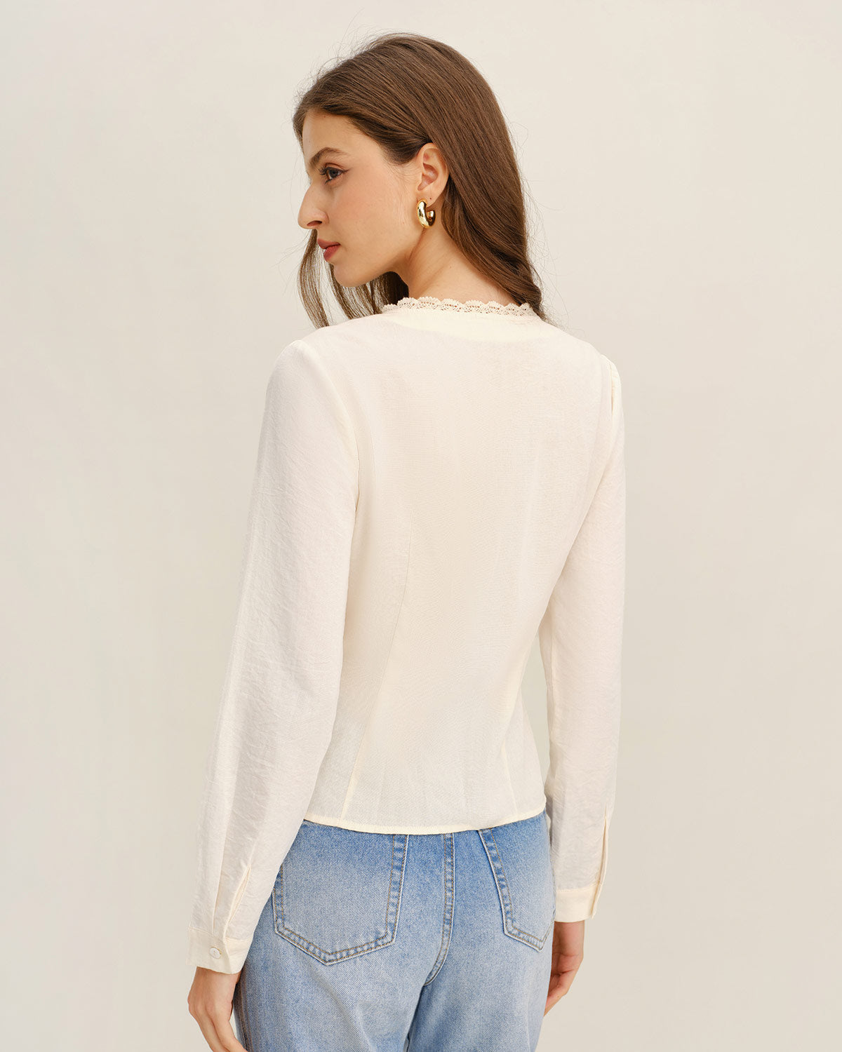Camisa de Encaje con Cuello en V Color Albaricoque