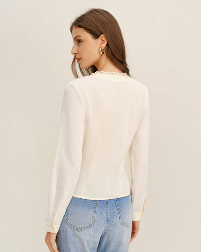 Camisa de Encaje con Cuello en V Color Albaricoque