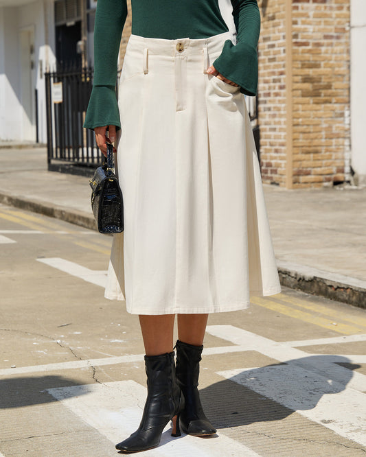 Falda Midi A-Line Beige con Bolsillos