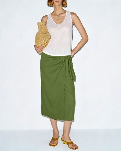 Falda Midi Sólida Verde con Cinta
