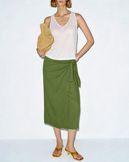 Falda Midi Sólida Verde con Cinta