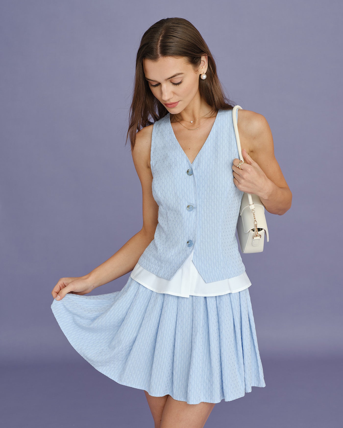 Falda Mini Plisada Texturizada Azul