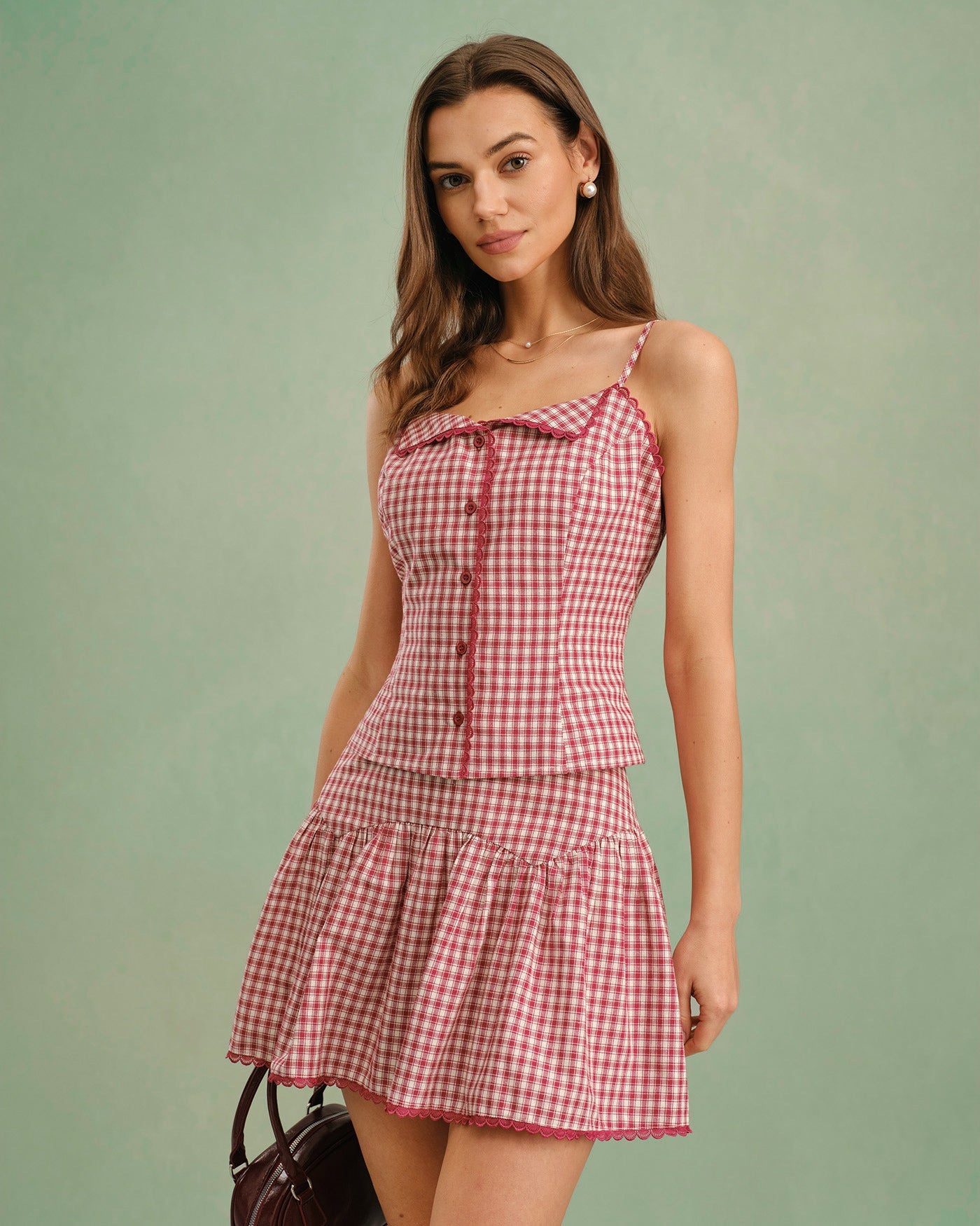 Falda Mini Arrugada de Cuadros Rojos
