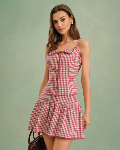 Falda Mini Arrugada de Cuadros Rojos