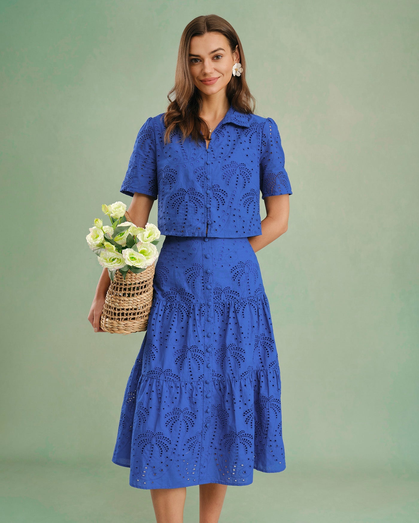 Falda Midi de Bordado Azul