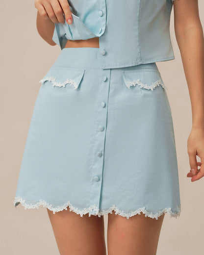 Falda Mini de Botón con Encaje en Color Azul Claro