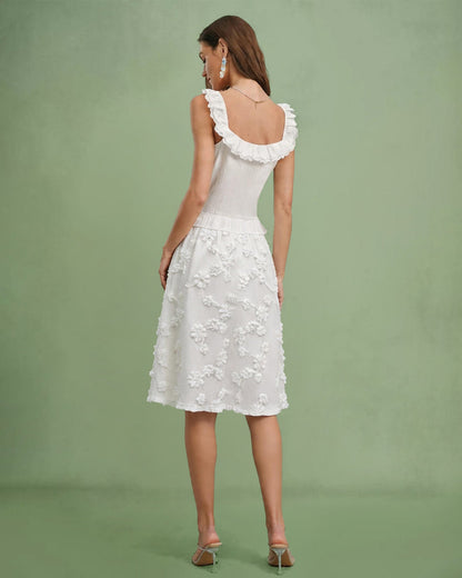 Falda Midi de Cintura Elástica con Flores Blancas