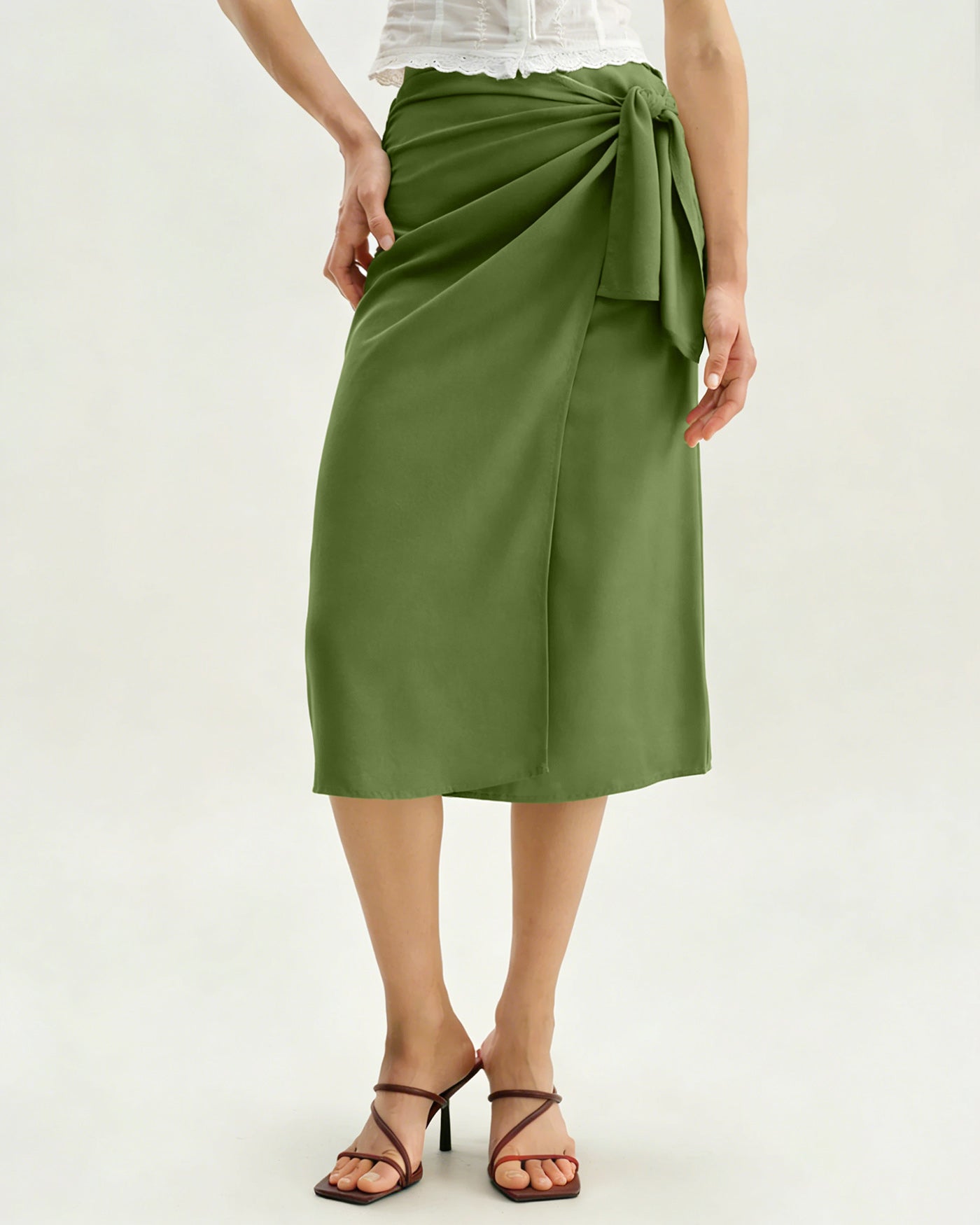 Falda Midi Sólida Verde con Cinta