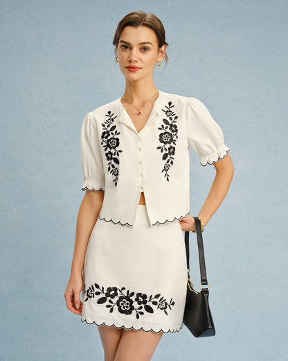 Falda Mini de Bordado Beige con Contraste