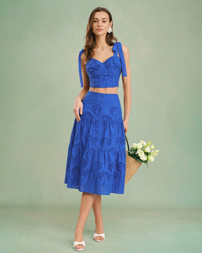 Falda Midi de Bordado Azul