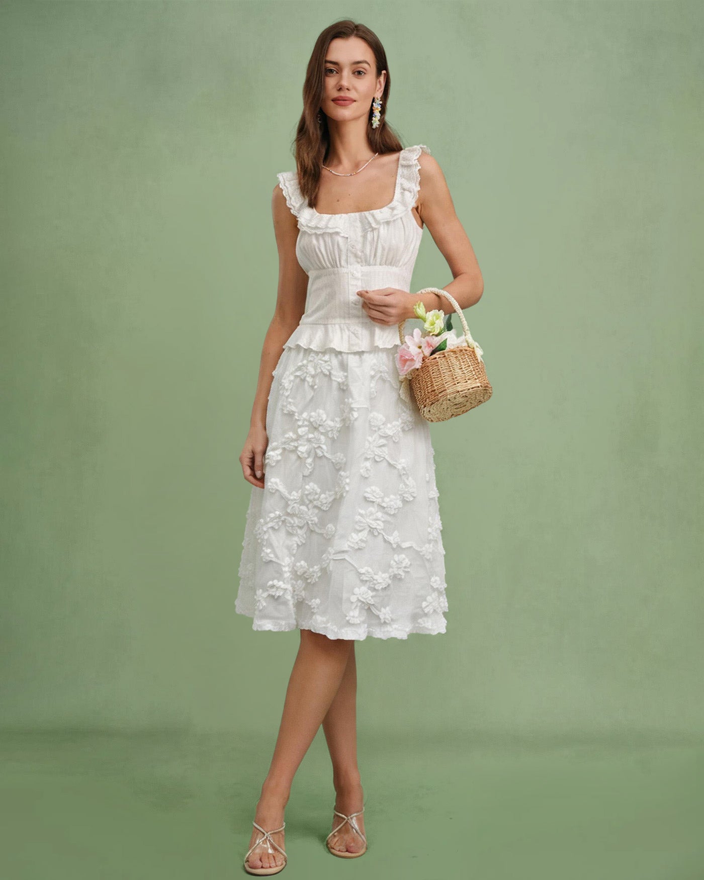 Falda Midi de Cintura Elástica con Flores Blancas