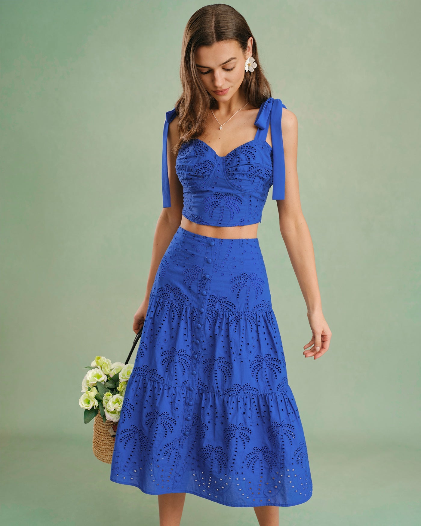 Falda Midi de Bordado Azul
