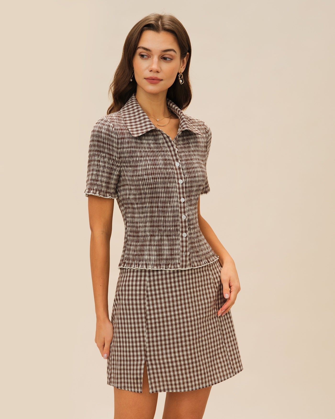 Falda A-Line de Cuadros Marrón