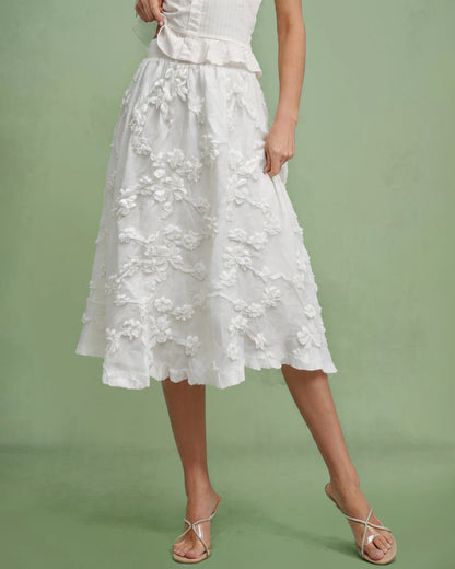 Falda Midi de Cintura Elástica con Flores Blancas