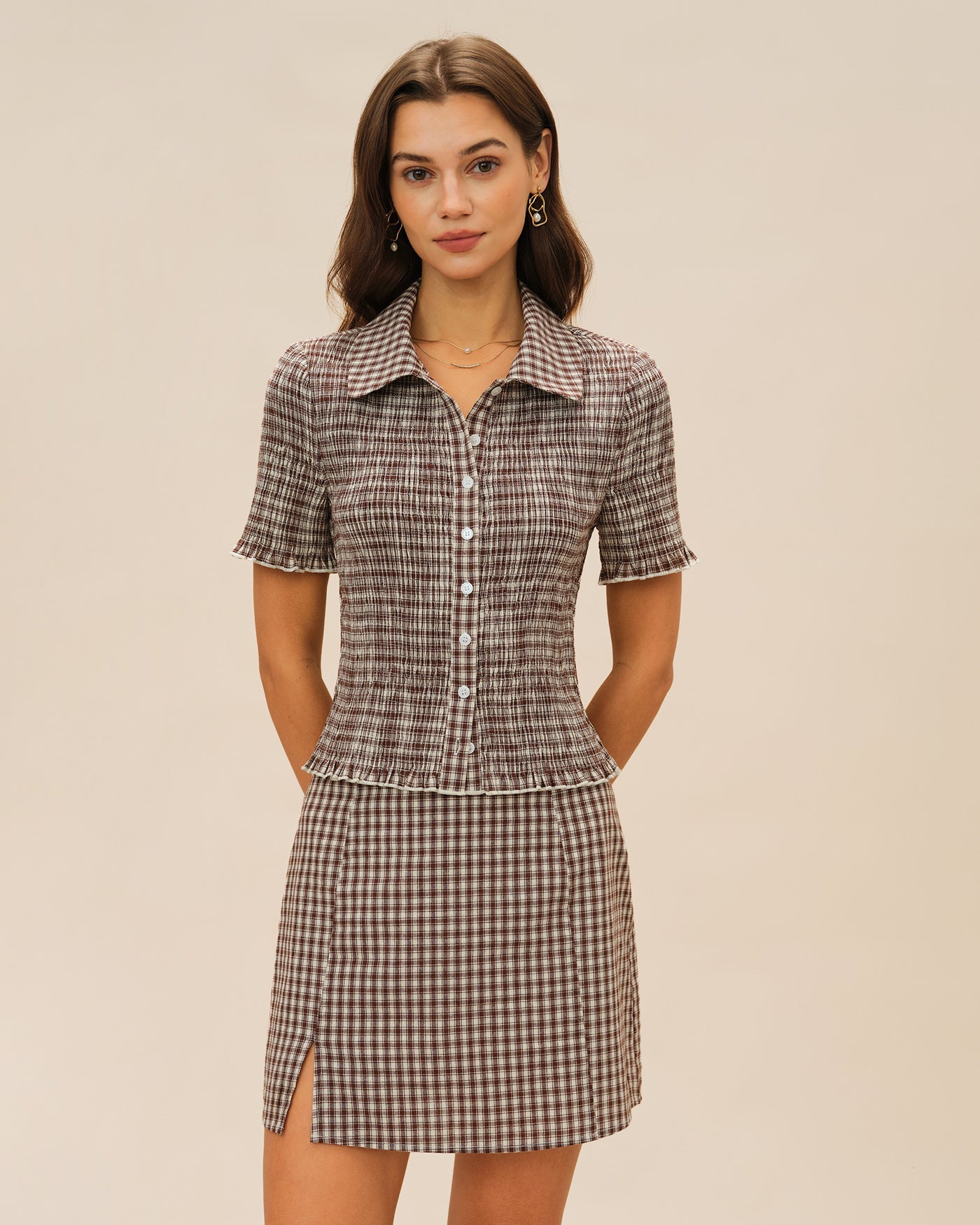Falda A-Line de Cuadros Marrón