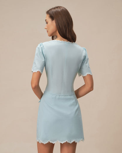 Falda Mini de Botón con Encaje en Color Azul Claro