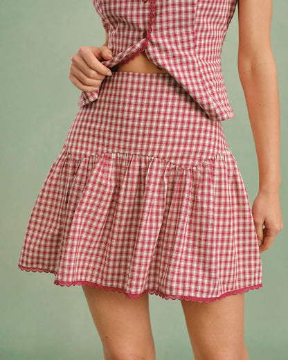 Falda Mini Arrugada de Cuadros Rojos