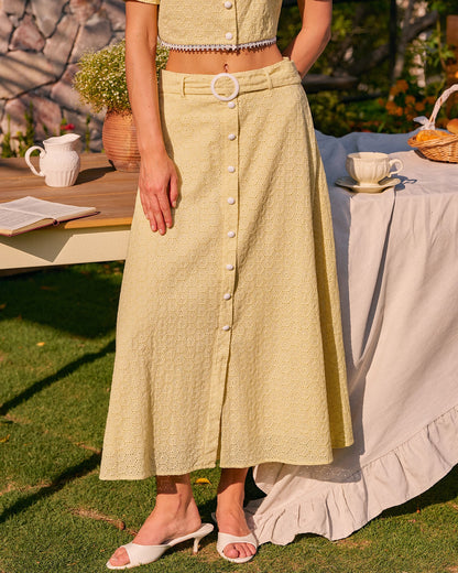 Falda Midi con Bordado Amarillo y Botón