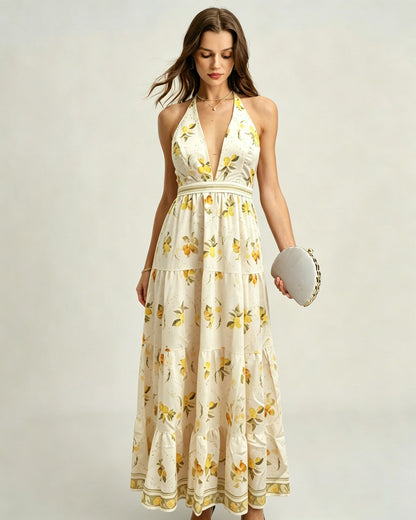 Vestido Maxi Floral con Halter de Albaricoque
