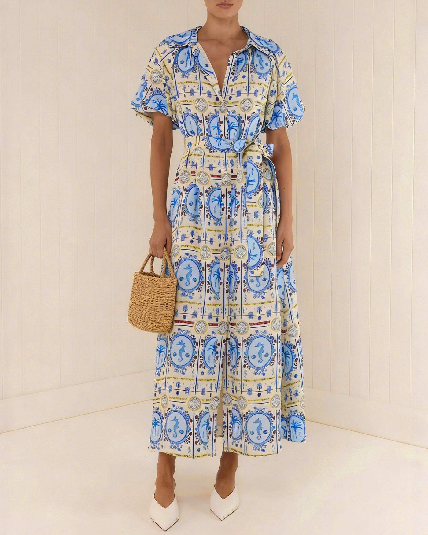 Vestido Midi Túnica con Cuello Floral