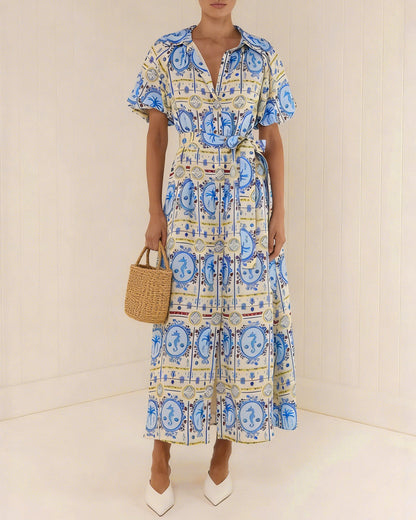 Vestido Midi Túnica con Cuello Floral