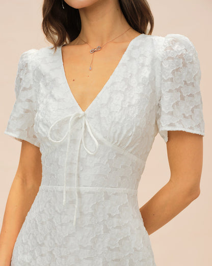 Vestido Mini Jacquard Blanco con Escote en V
