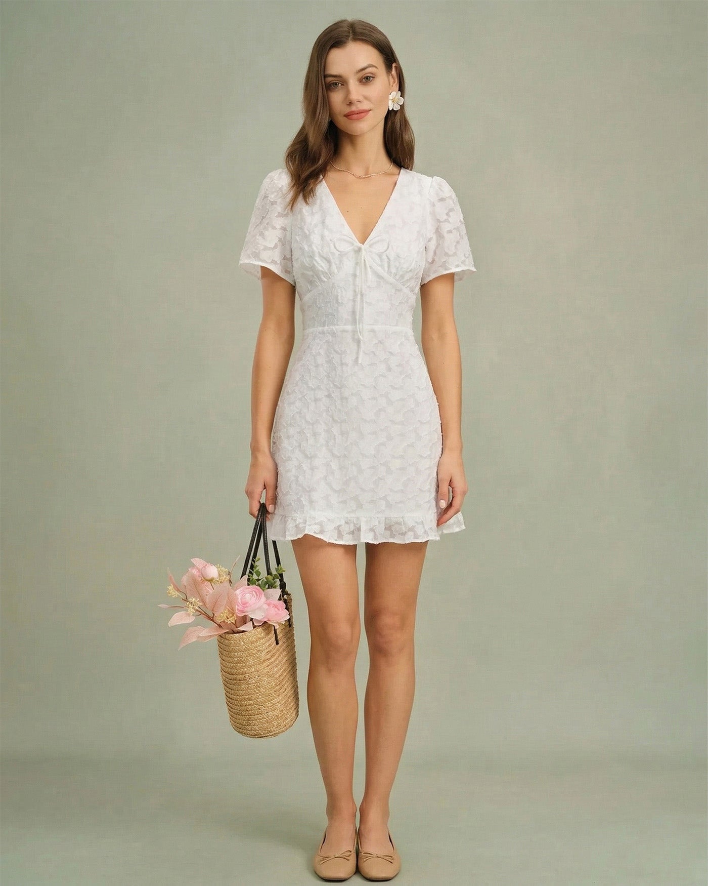 Vestido Mini Jacquard Blanco con Escote en V