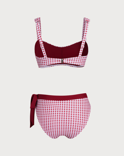 Conjunto de Bikini Bandeau a Rayas en Rojo Vino