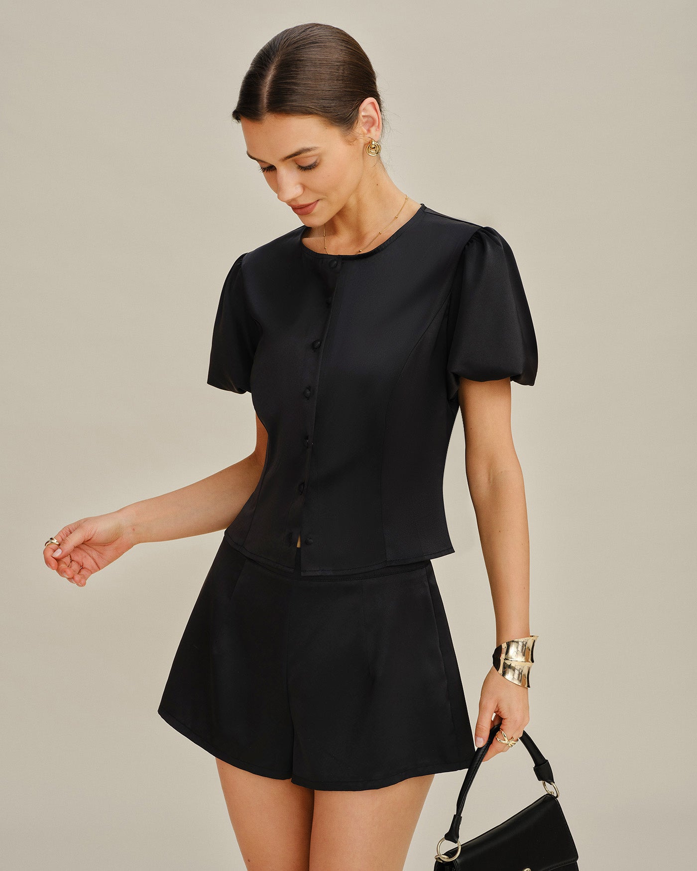 Blusa de Satén con Mangas Abullonadas Negras