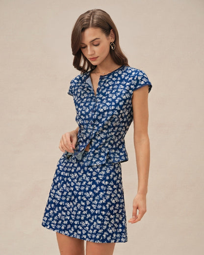 Blusa de Botones con Mangas Cortas y Estampado Floral Azul