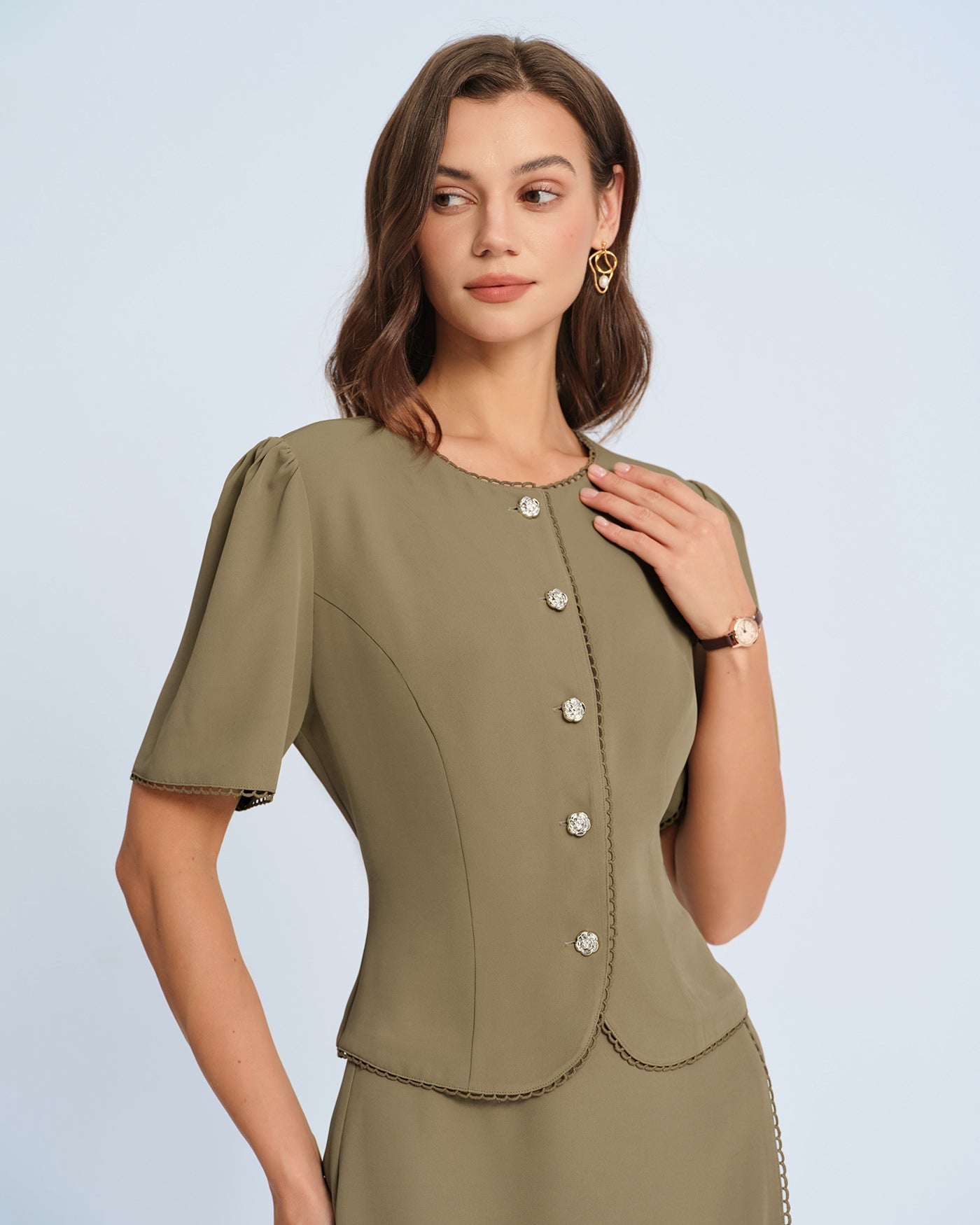 Blusa de Manga Abullonada Caqui