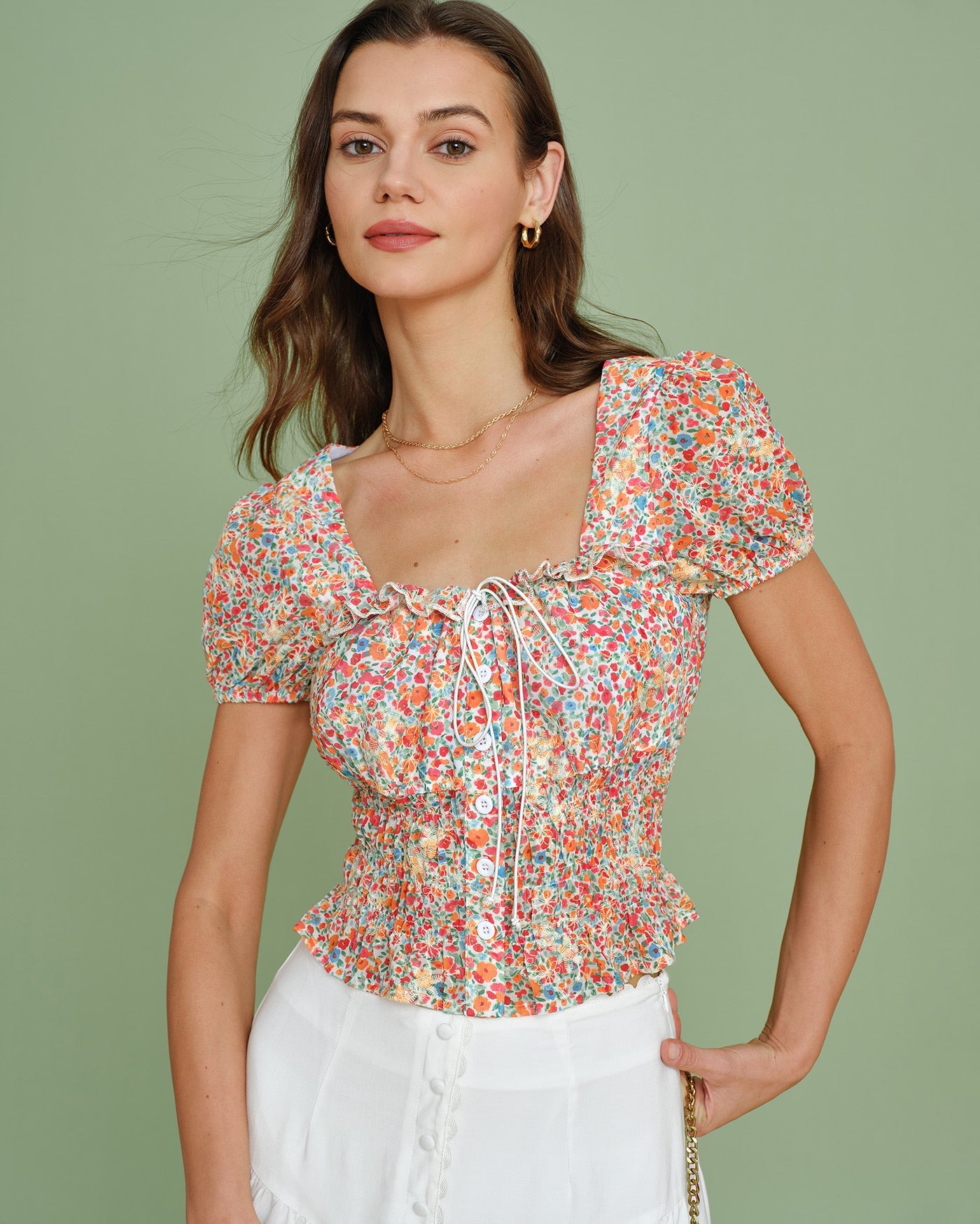 Blusa Floral de Cuello Cuadrado con Mangas Abullonadas