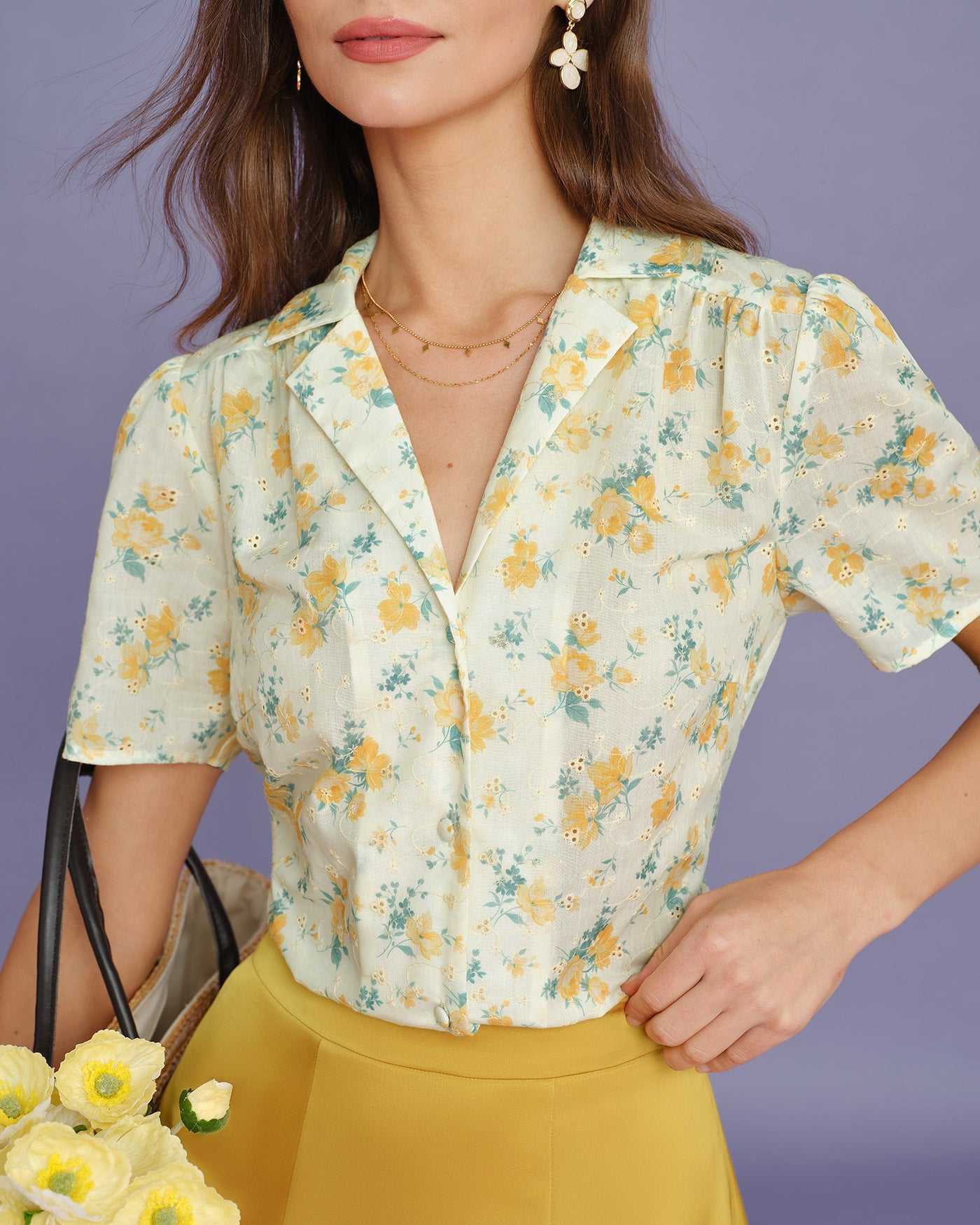 Blusa Floral con Mangas Abullonadas Amarilla