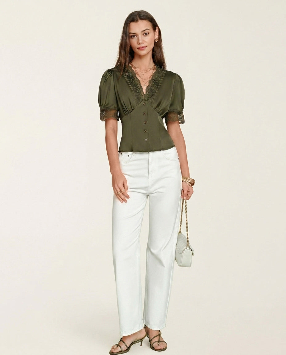 Blusa de Encaje con Manga Abullonada y Cuello en V Verde