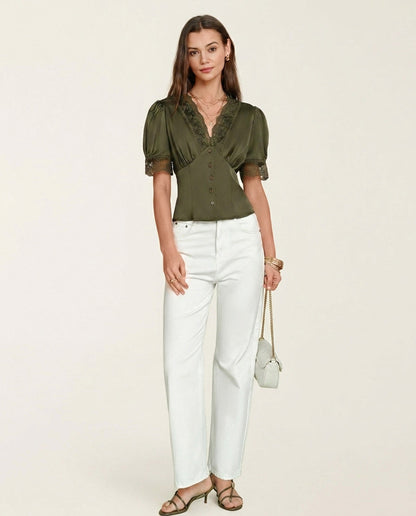 Blusa de Encaje con Manga Abullonada y Cuello en V Verde