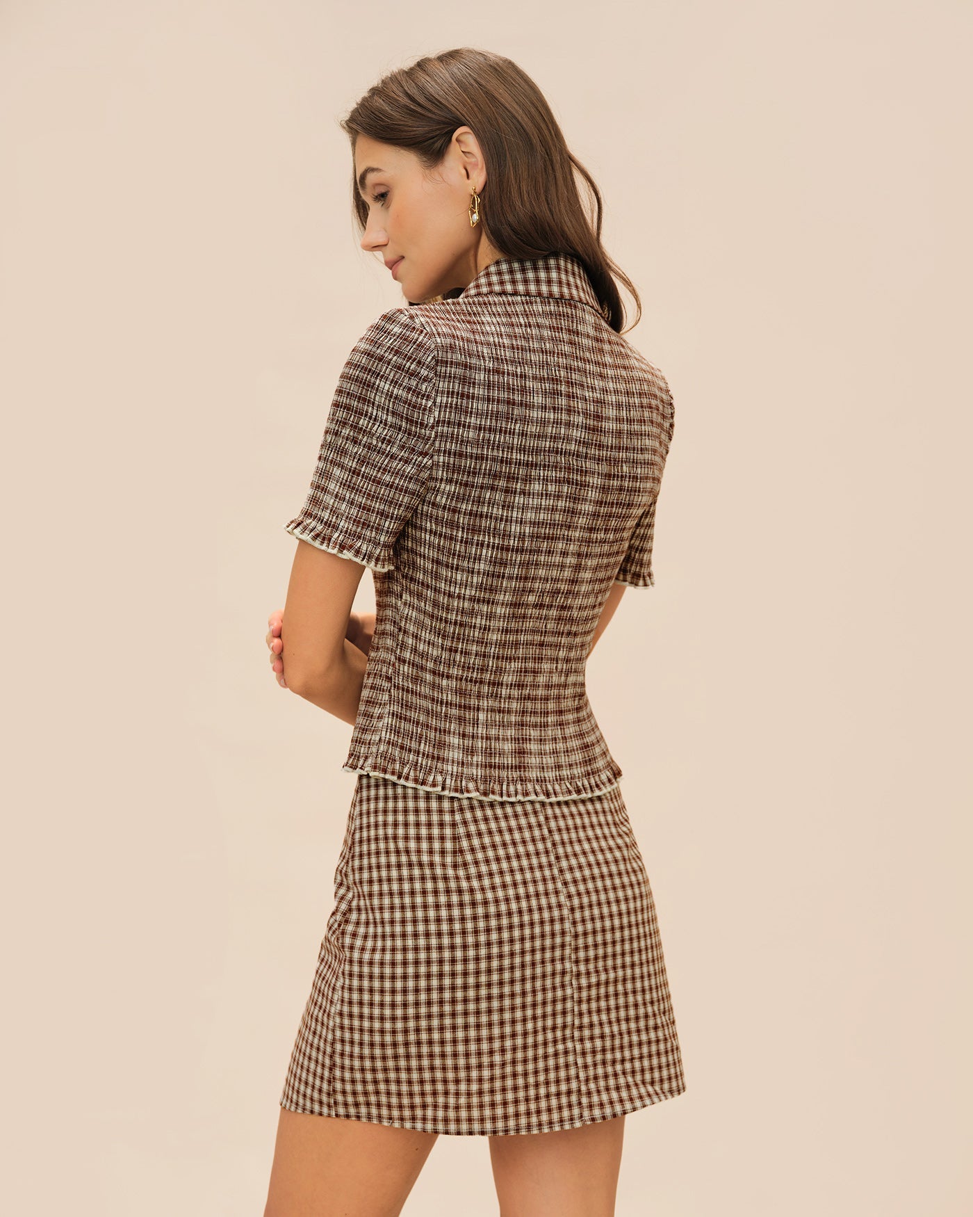 Blusa de Cuello con Botones de Cuadro Marrón