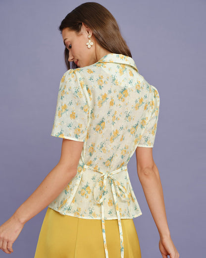 Blusa Floral con Mangas Abullonadas Amarilla
