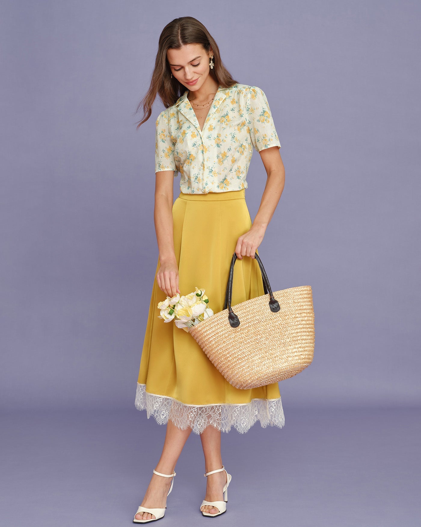 Blusa Floral con Mangas Abullonadas Amarilla