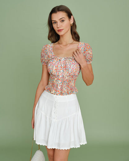 Blusa Floral de Cuello Cuadrado con Mangas Abullonadas