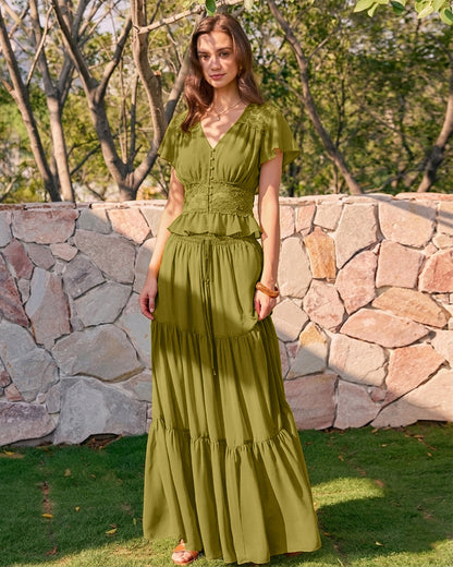 Blusa Verde con Cuello en V Fruncido