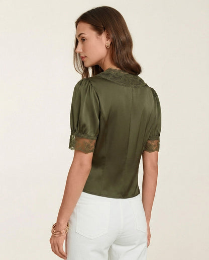 Blusa de Encaje con Manga Abullonada y Cuello en V Verde
