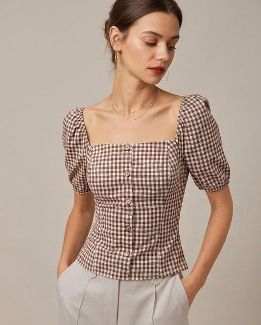 Blusa de Cuello Cuadrado Marrón con Mangas Abullonadas y Cuadros